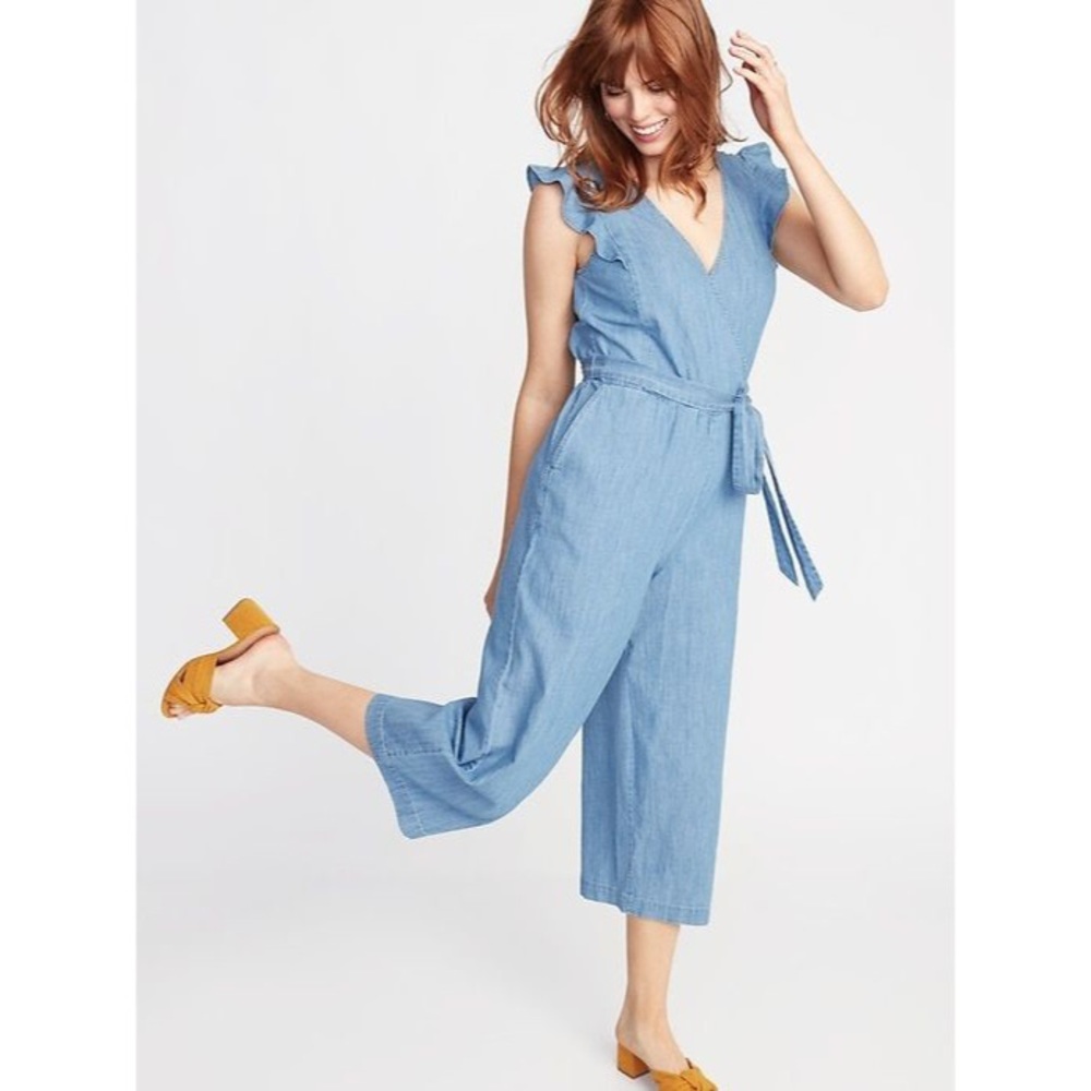 NWT Old Navy Chambray Faux-Wrap Cropped Jumpsuit
